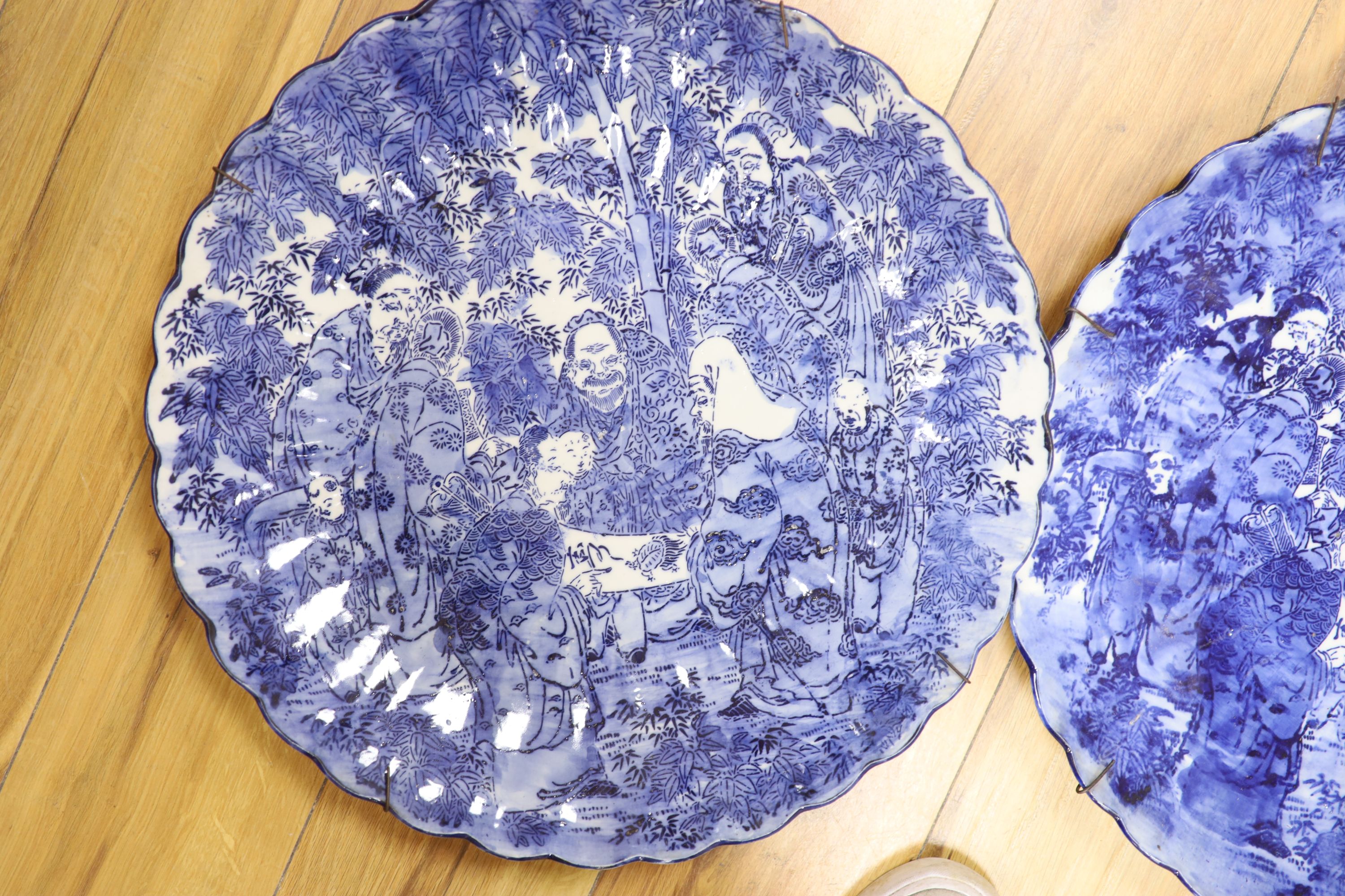 A pair of large late 19th century Japanese blue and white chargers, diameter 46cm